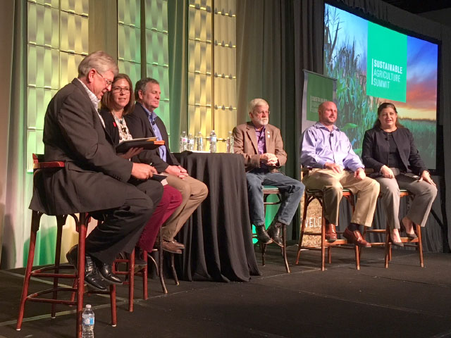A panel of award-winning producers representing rice, pork, beef, poultry and dairy sectors talk about practices on their farm at the Sustainable Agriculture Summit in Kansas City, Missouri. (DTN photo by Chris Clayton)